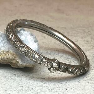 Vintage Repousse Silver Tone Floral Bangle ornate stamped metalwork unique